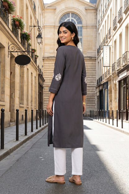 Grey Embroidered Rayon Straight Kurta