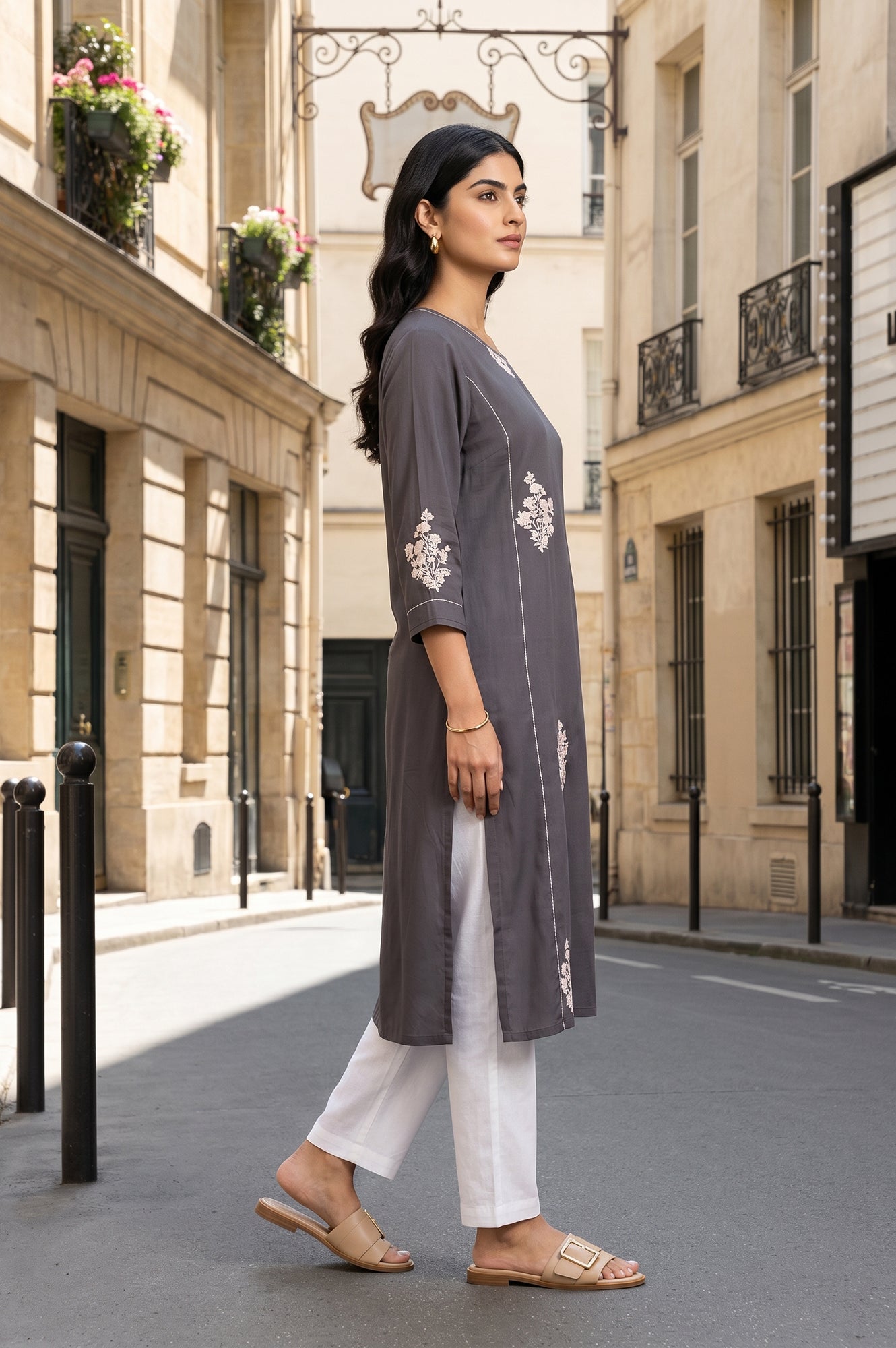 Grey Embroidered Rayon Straight Kurta