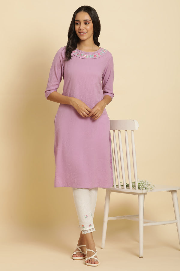 Light Purple Textured Cotton Embroidered Straight Kurta and Pants Set