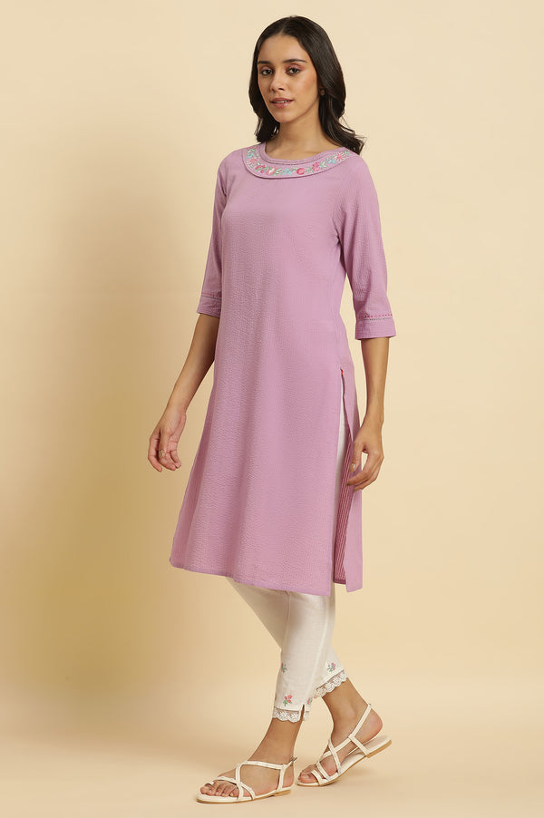 Light Purple Textured Cotton Embroidered Straight Kurta and Pants Set