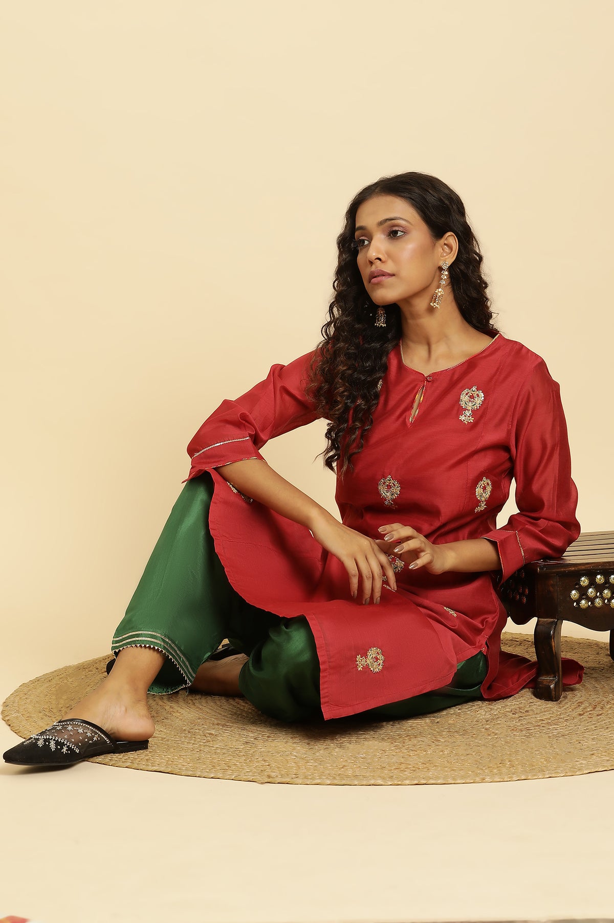 Red Dori Embroidered Chanderi Kurta and Salwar Set - S