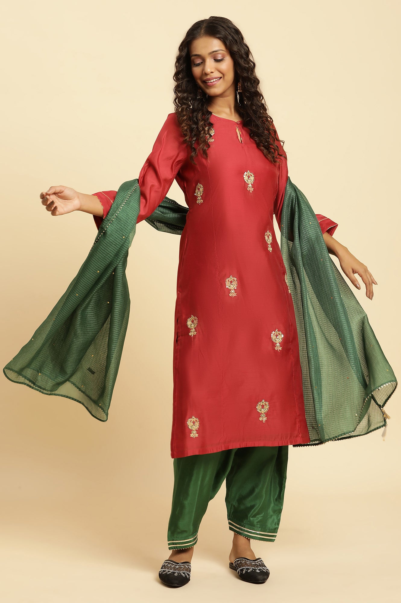 Red Dori Embroidered Chanderi Kurta and Salwar Set