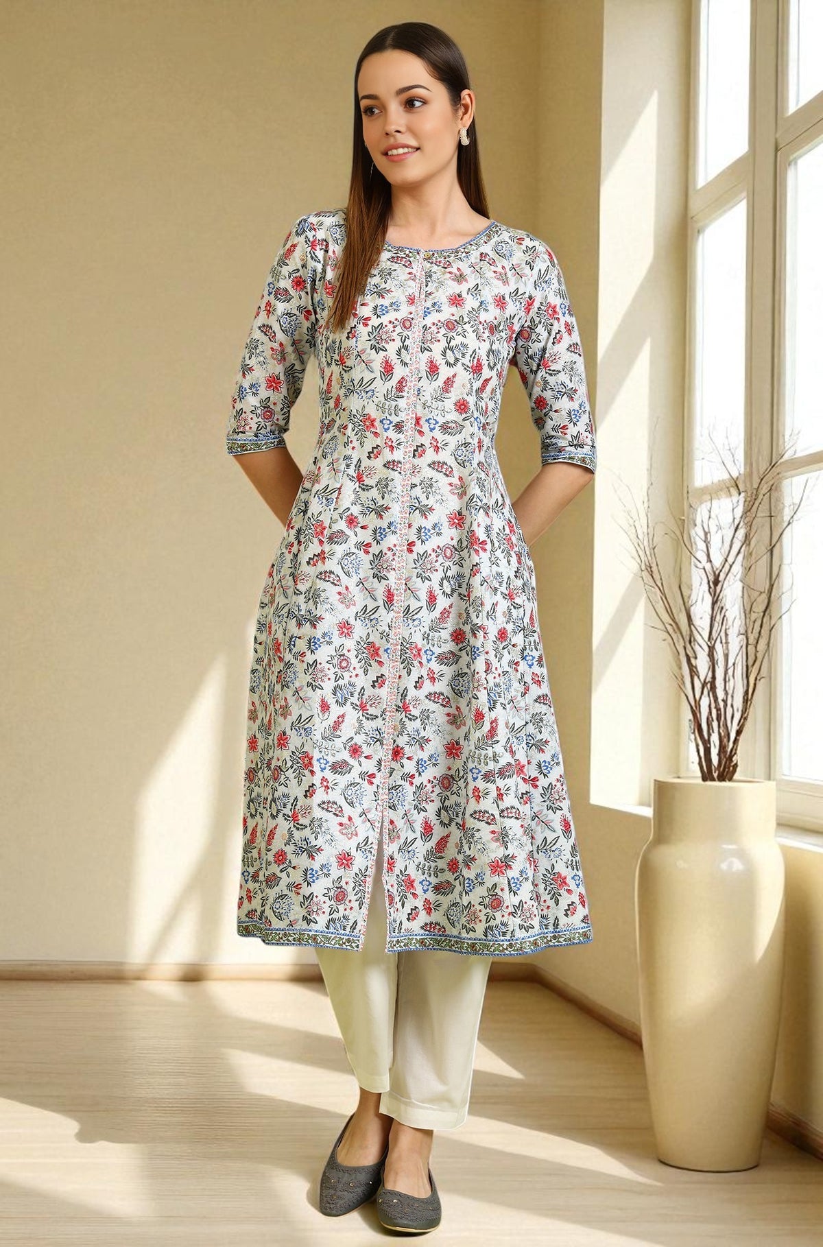 Light Blue Floral Glitter Printed Pure Cotton Anarkali Kurta - XS