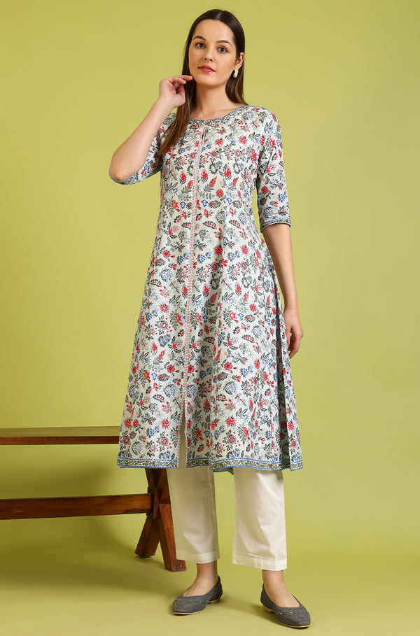 Light Blue Floral Glitter Printed Pure Cotton Anarkali Kurta