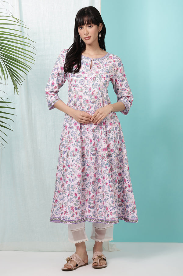 Pink Floral Glitter Printed Pure Cotton Anarkali Kurta