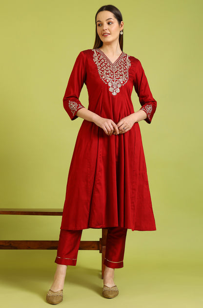 Dark Red Zari Embroidered Anarkali Kurta