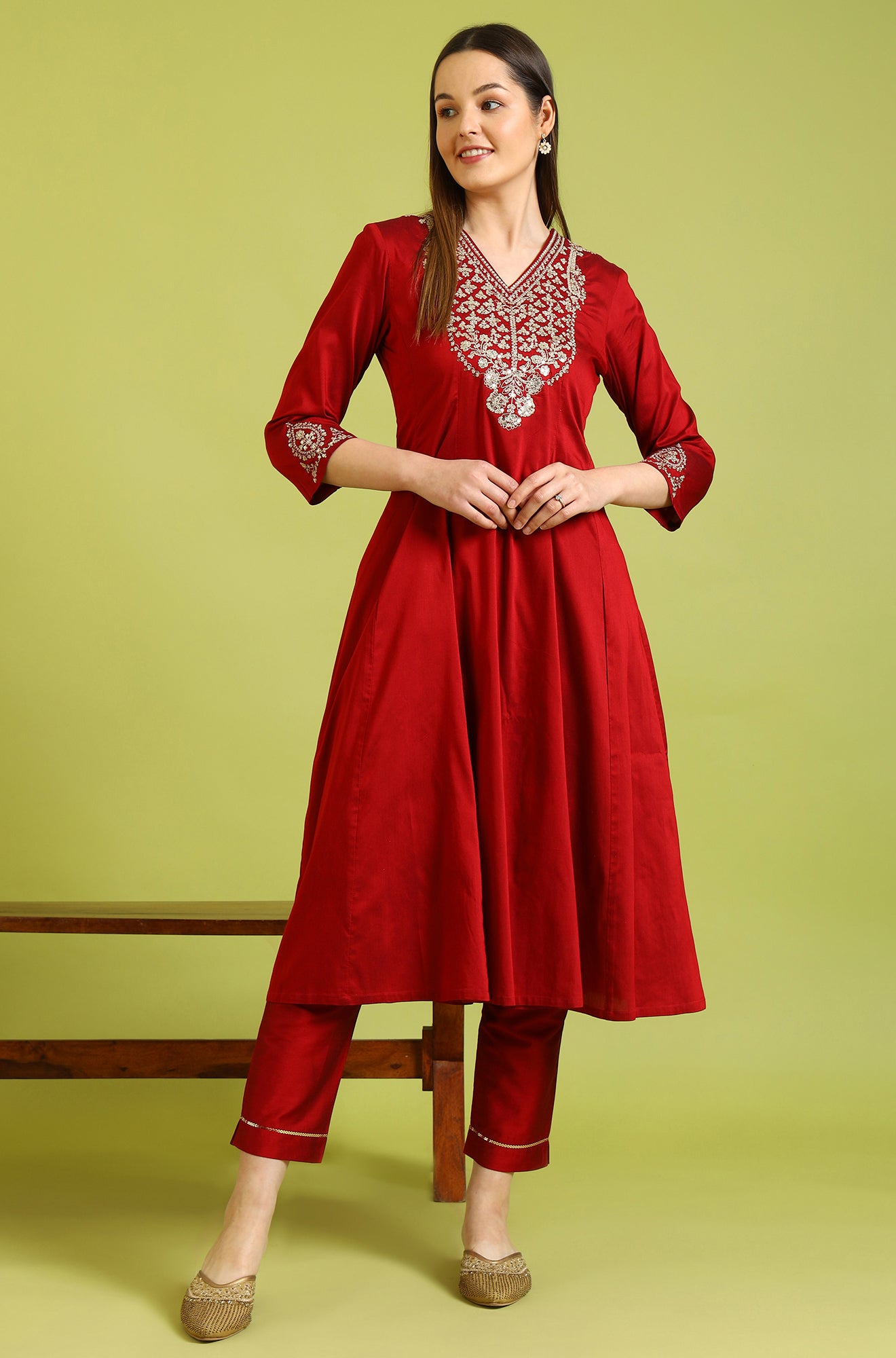 Dark Red Zari Embroidered Anarkali Kurta