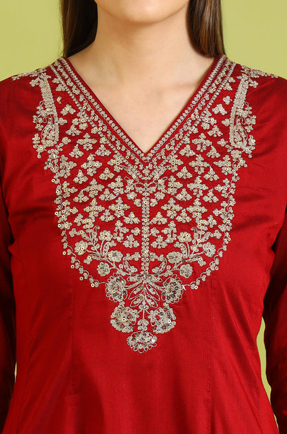 Dark Red Zari Embroidered Anarkali Kurta