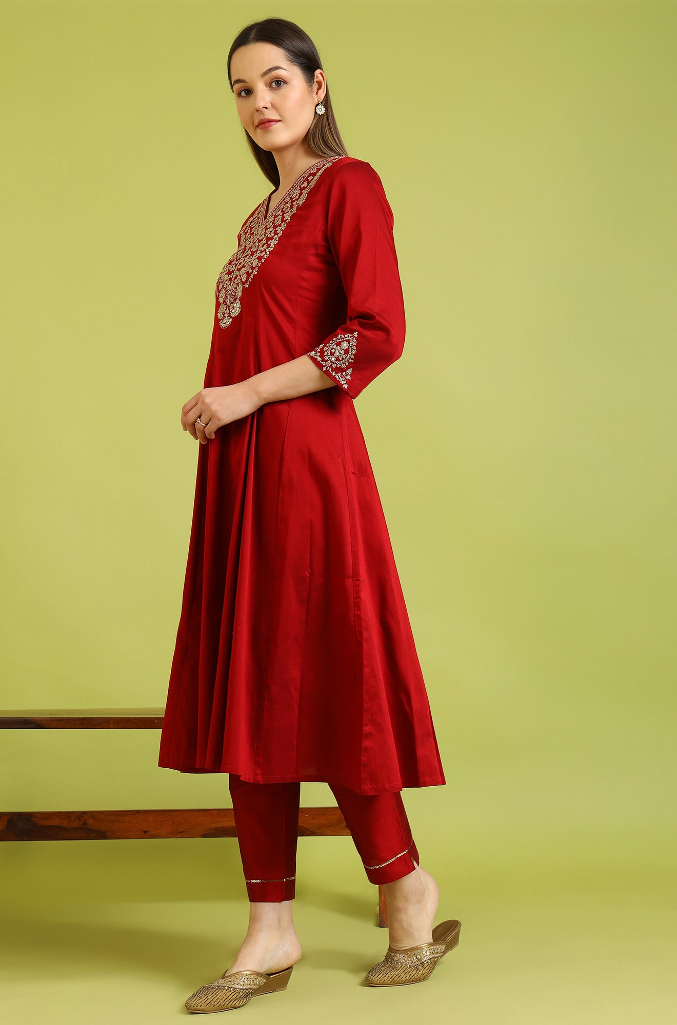 Dark Red Zari Embroidered Anarkali Kurta