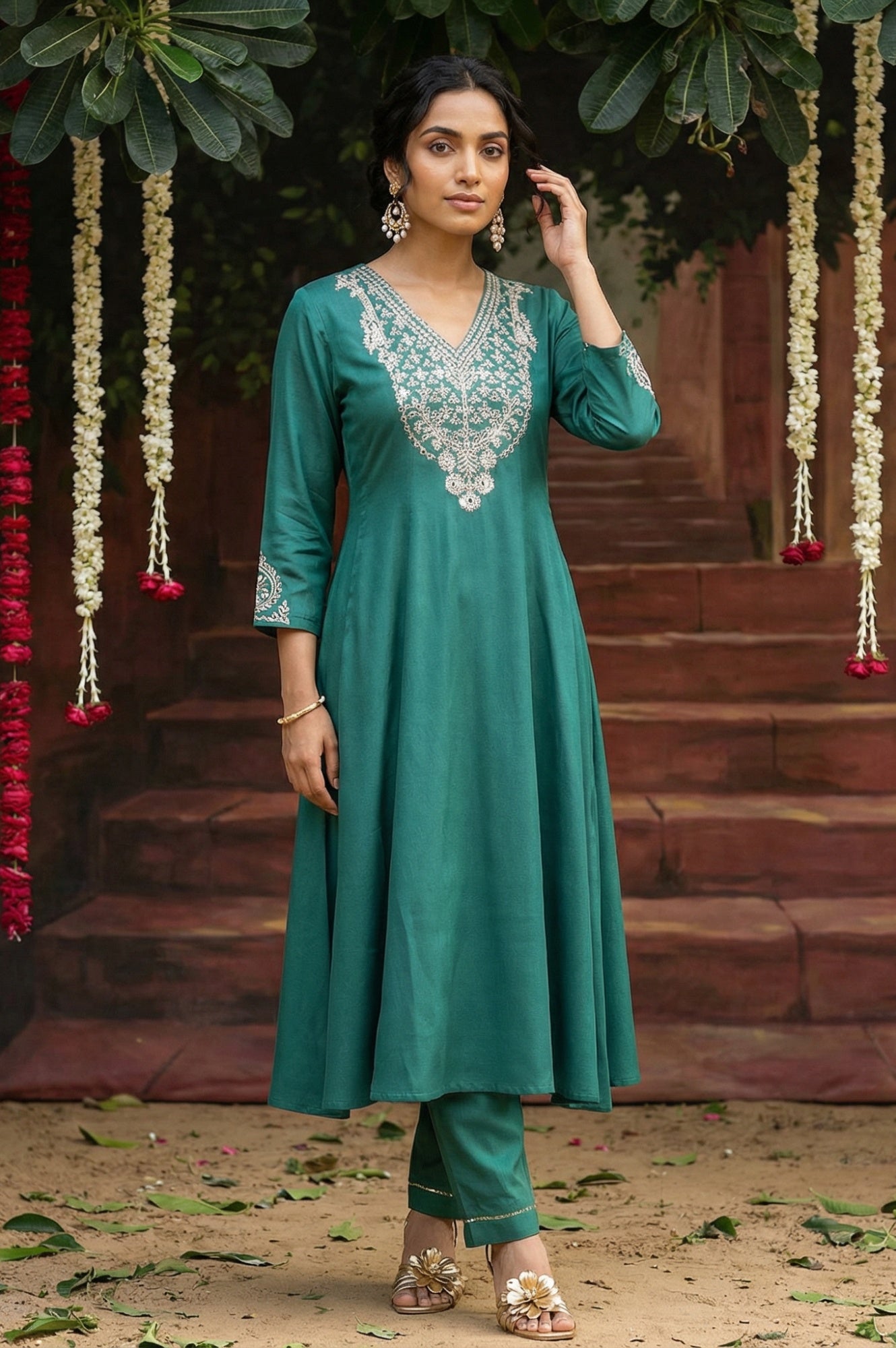 Dark Green Embroidered Flared Festive Kurta