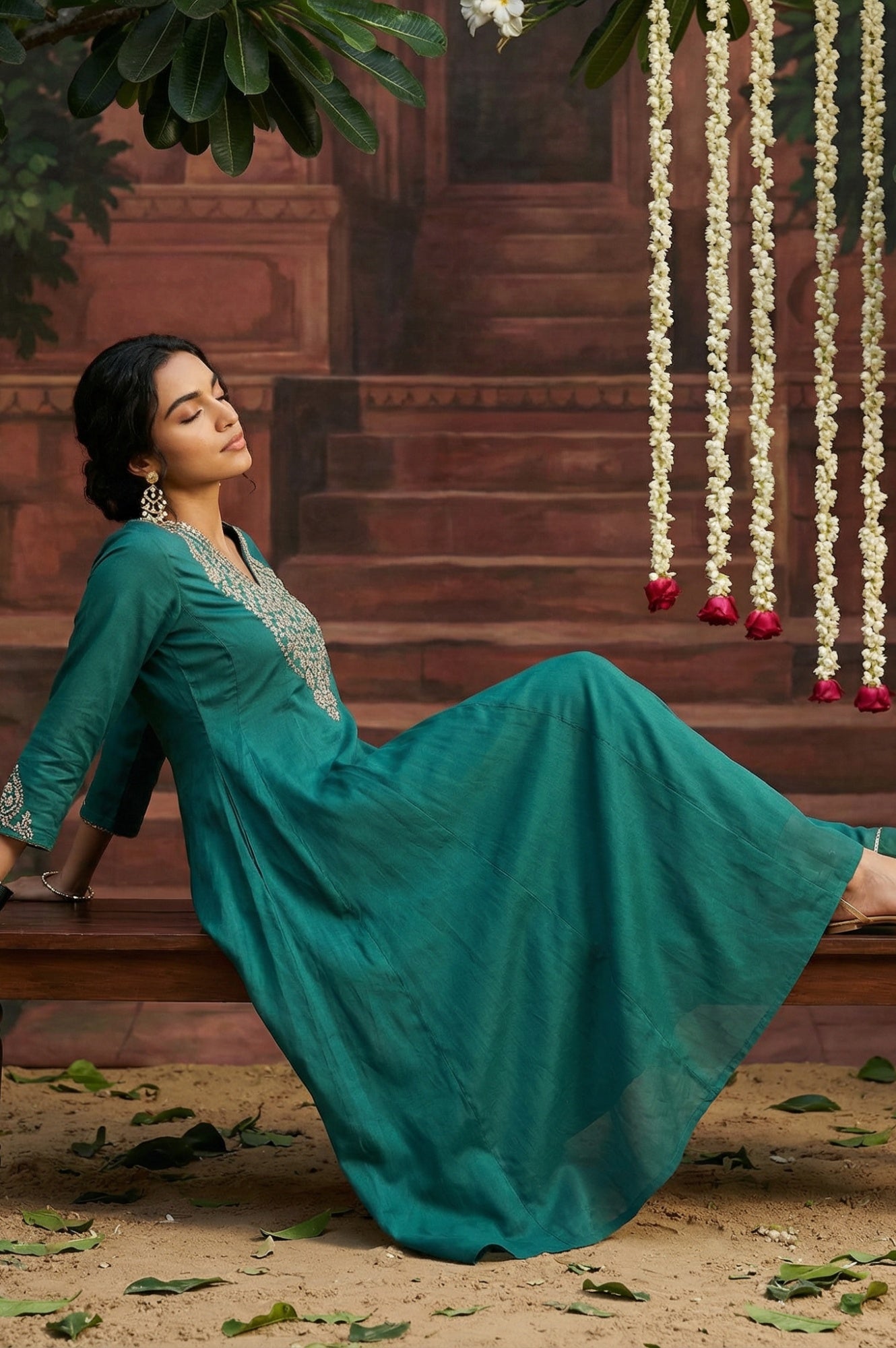 Dark Green Embroidered Flared Festive Kurta