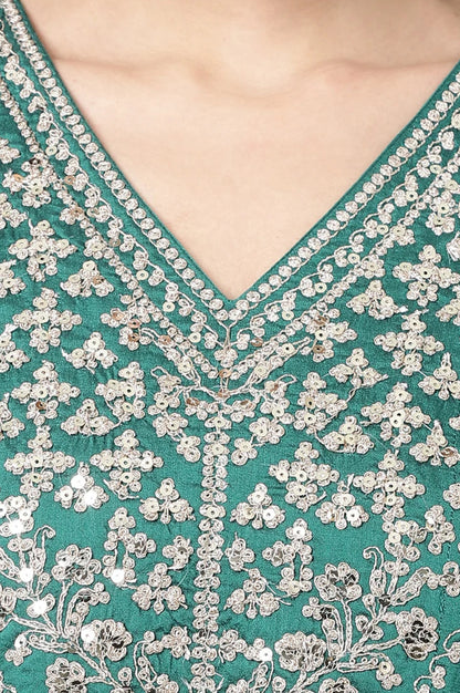 Dark Green Embroidered Flared Festive Kurta