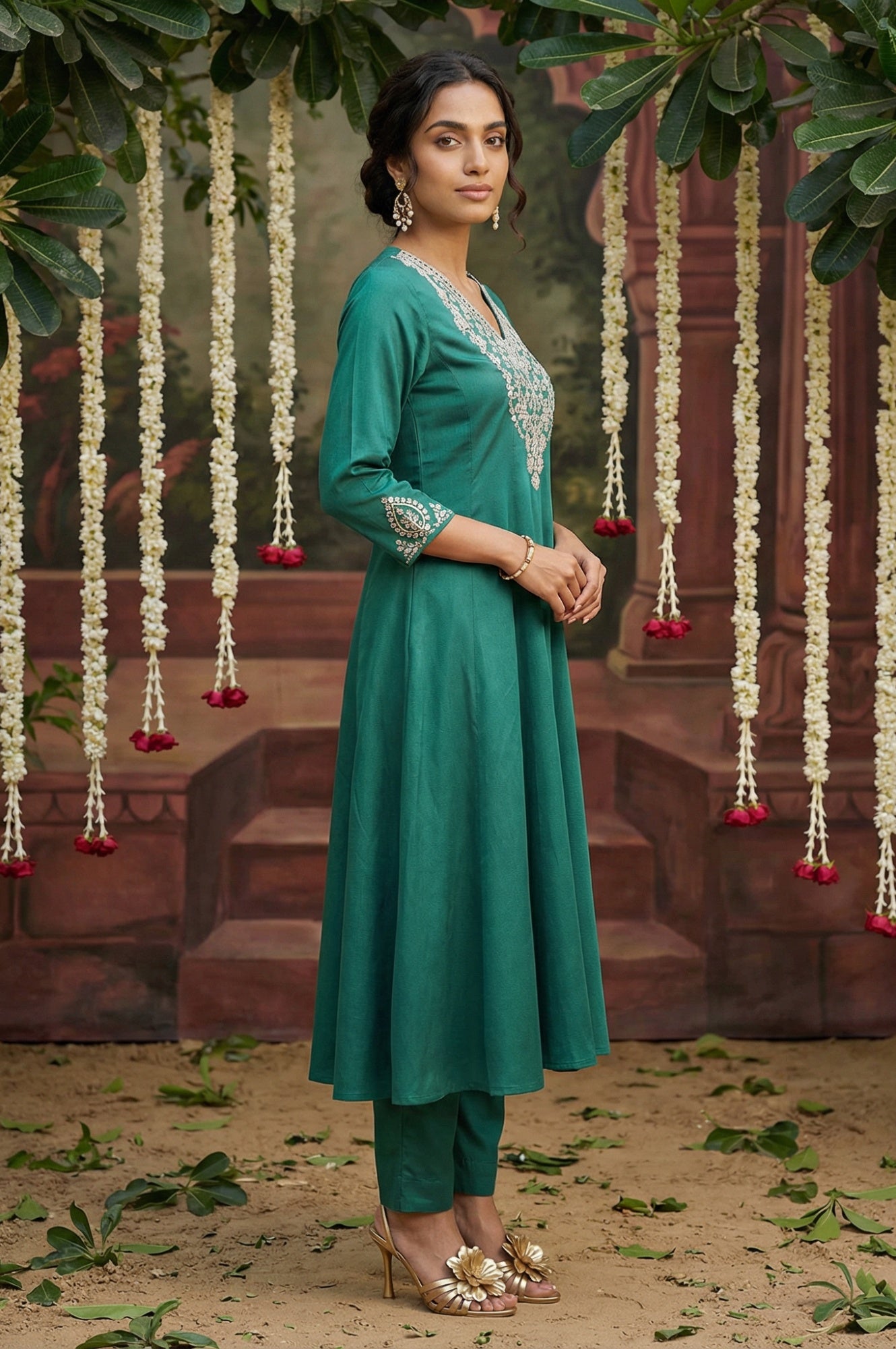 Dark Green Embroidered Flared Festive Kurta