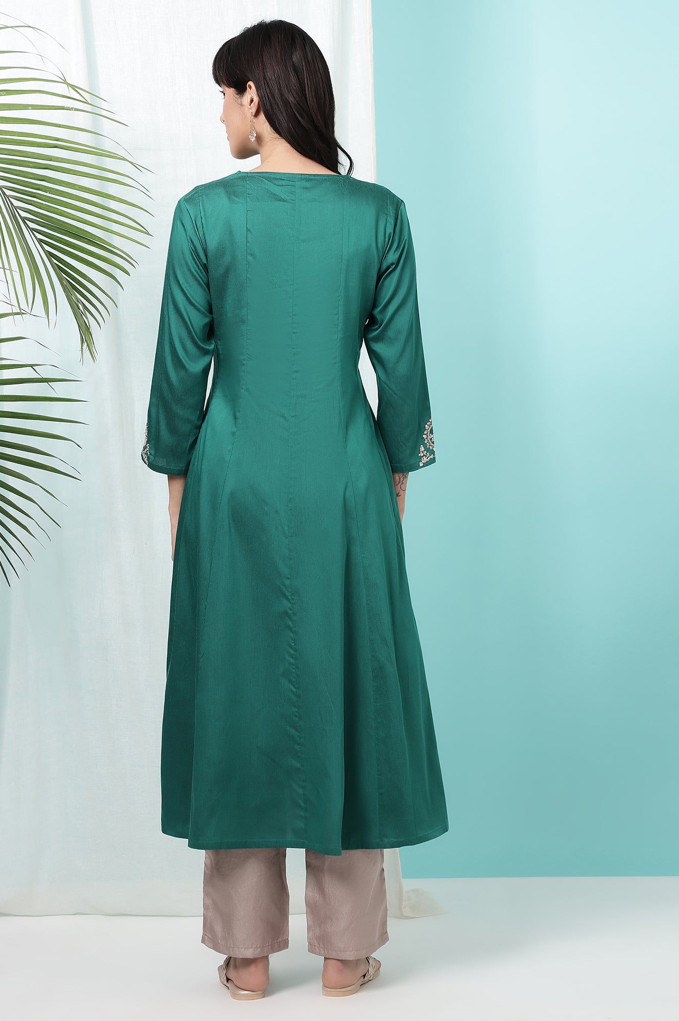 Dark Green Embroidered Flared Festive Kurta