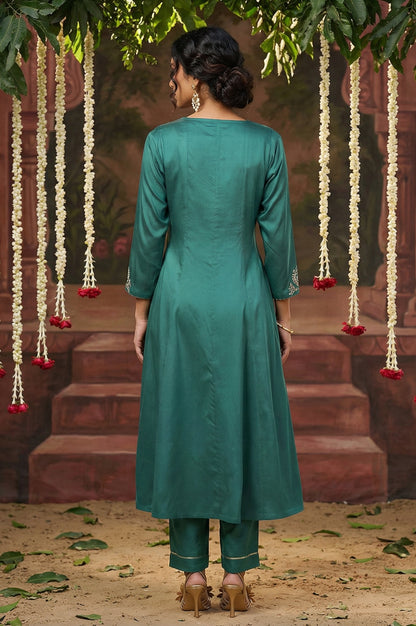 Dark Green Embroidered Flared Festive Kurta