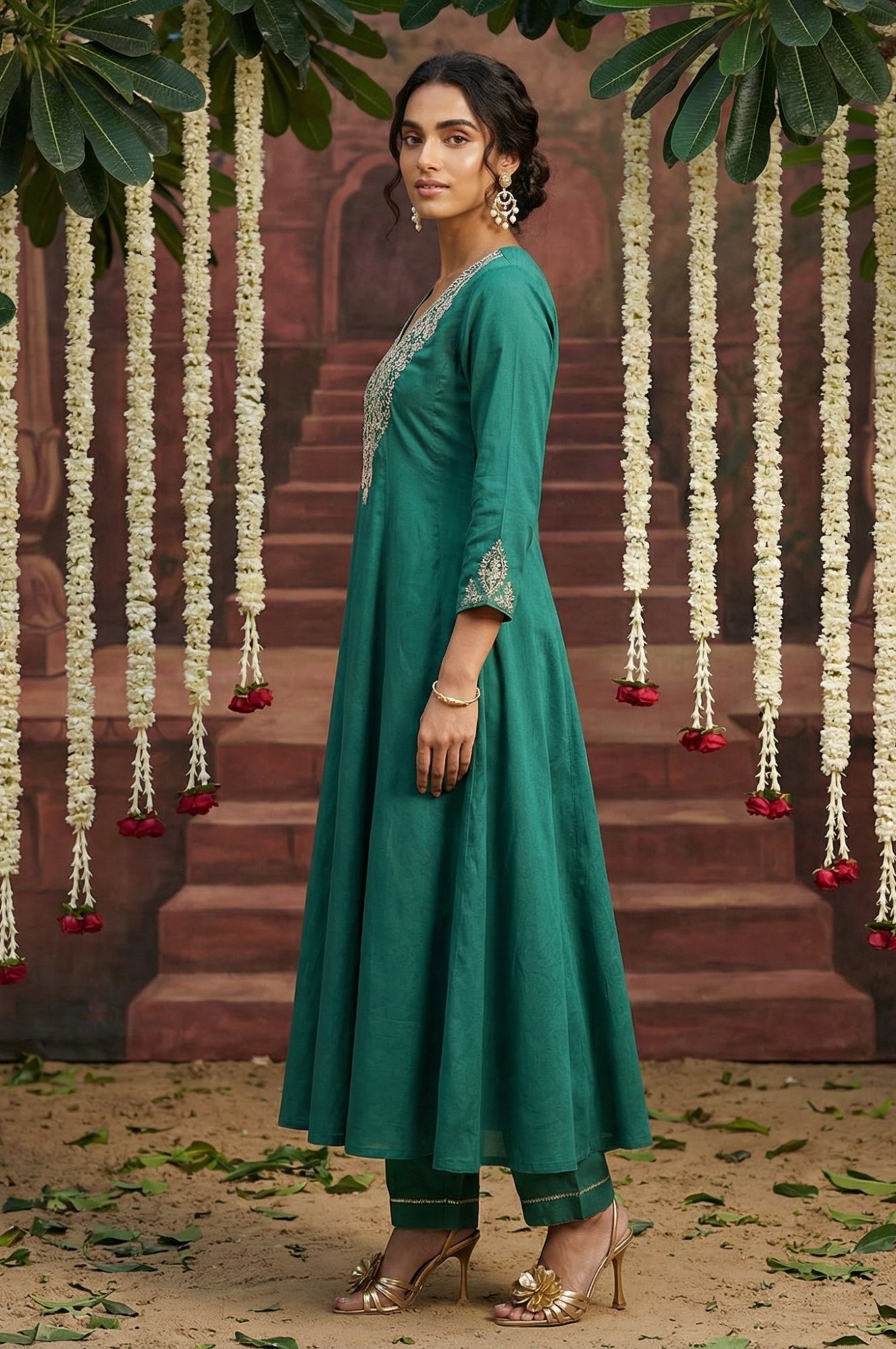 Dark Green Embroidered Flared Festive Kurta