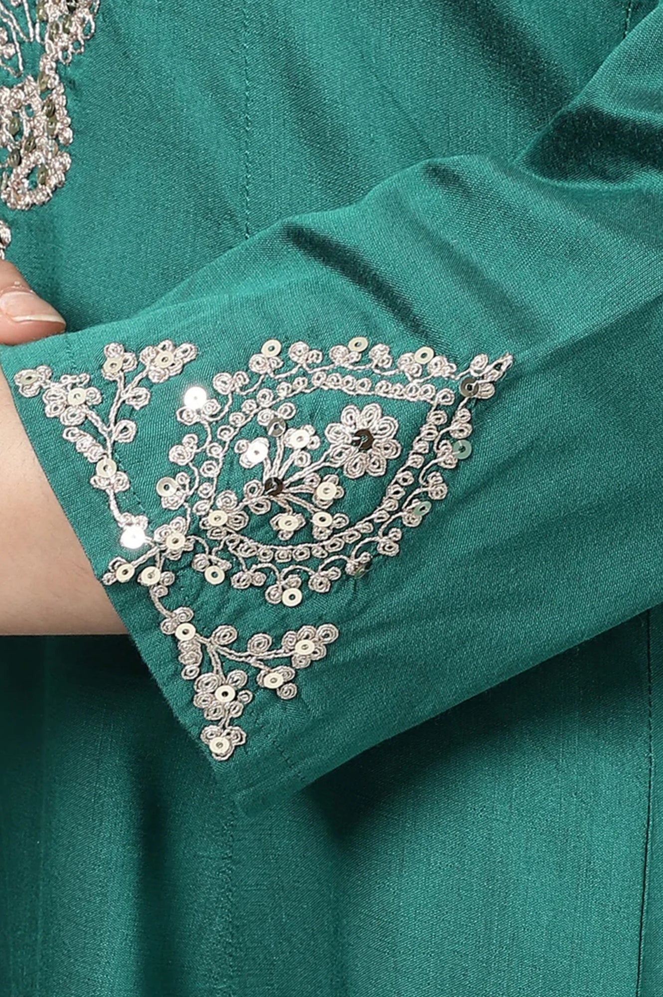 Dark Green Embroidered Flared Festive Kurta