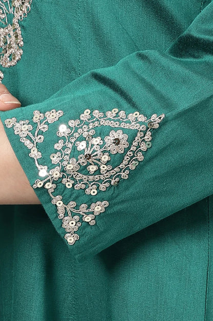 Dark Green Embroidered Flared Festive Kurta