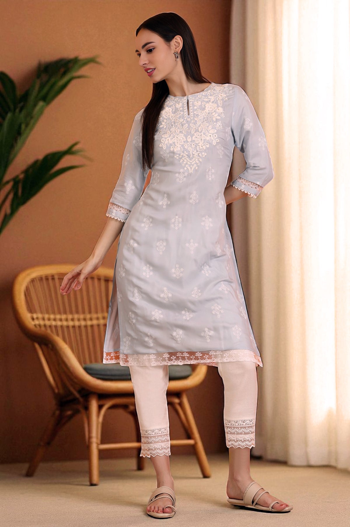 Powder Blue Embroidered Dull Shantung Straight Kurta - L