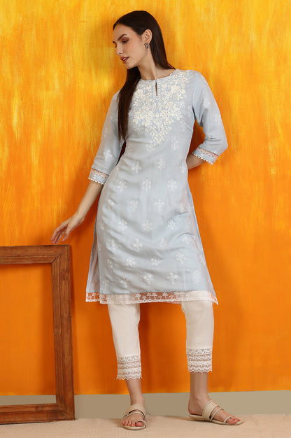 Powder Blue Embroidered Dull Shantung Straight Kurta