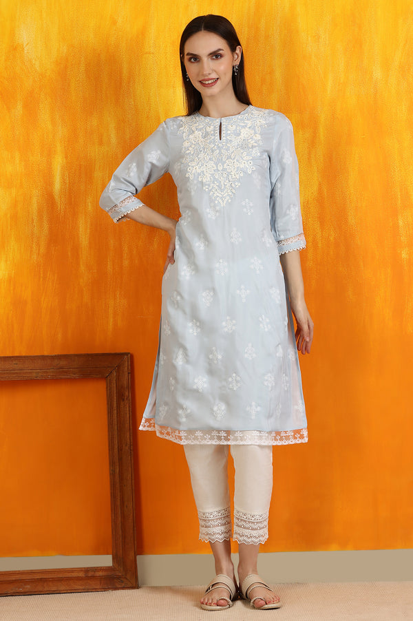 Powder Blue Embroidered Dull Shantung Straight Kurta