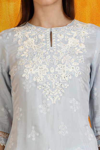 Powder Blue Embroidered Dull Shantung Straight Kurta