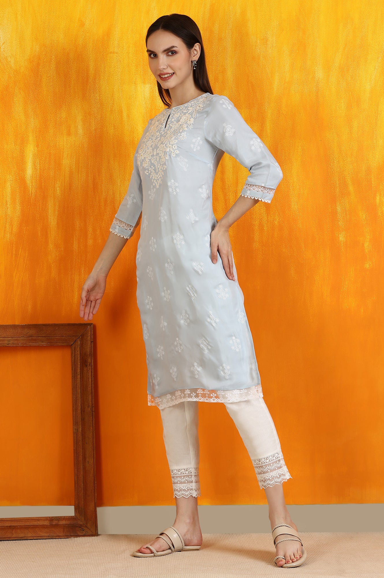 Powder Blue Embroidered Dull Shantung Straight Kurta