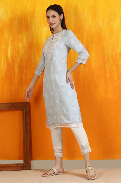 Powder Blue Embroidered Dull Shantung Straight Kurta