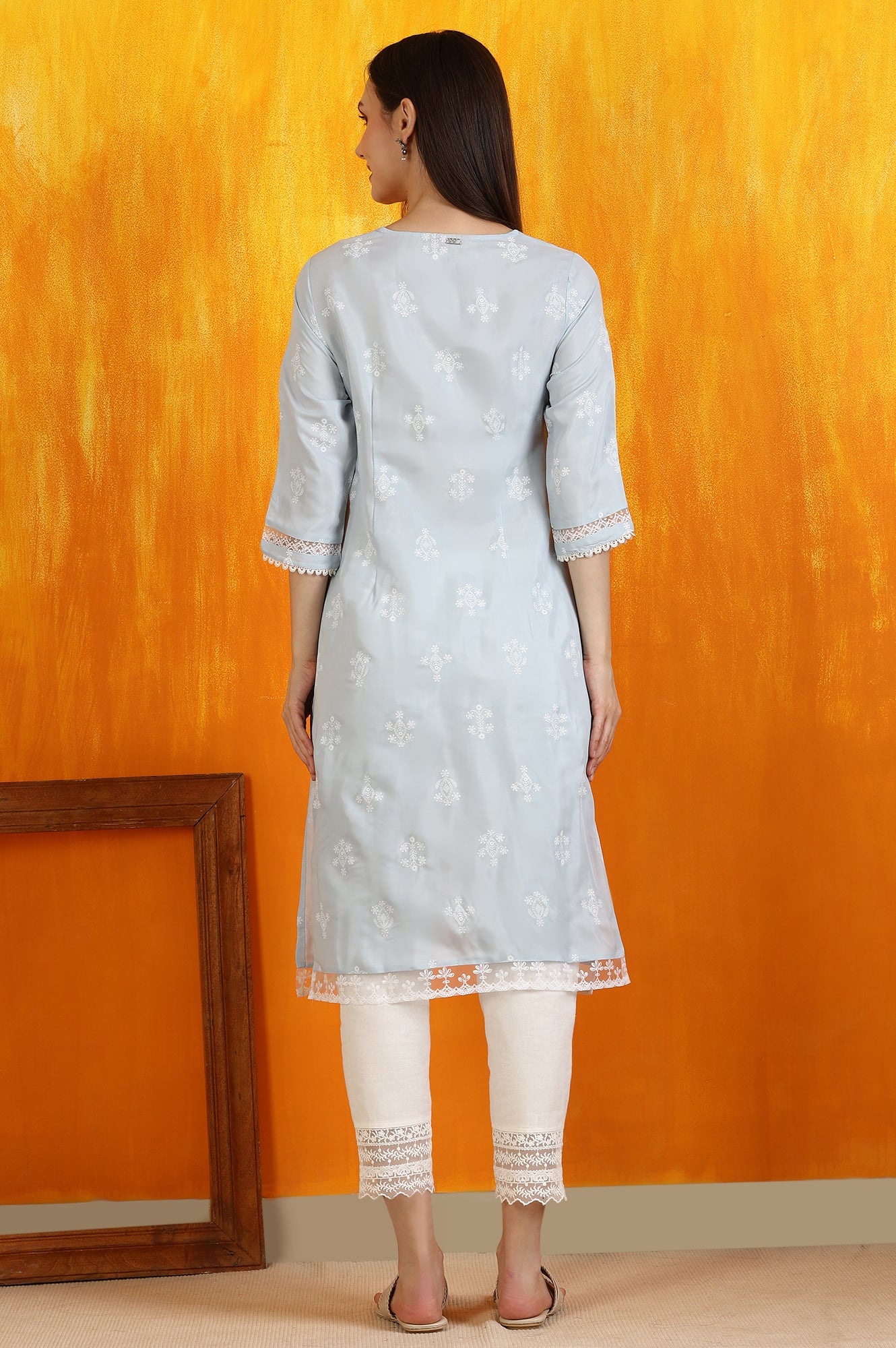 Powder Blue Embroidered Dull Shantung Straight Kurta