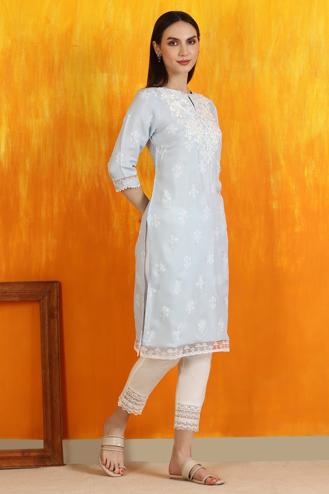 Powder Blue Embroidered Dull Shantung Straight Kurta