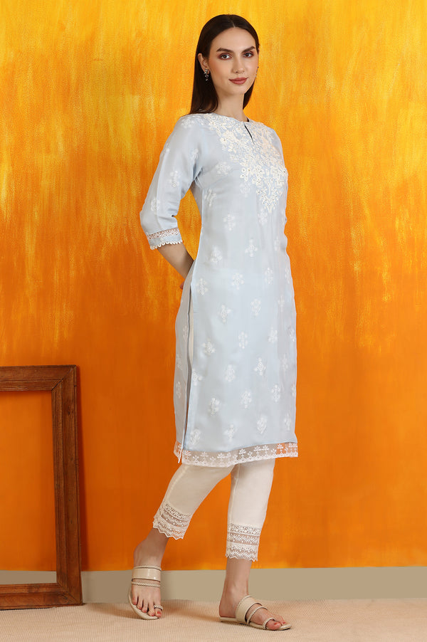 Powder Blue Embroidered Dull Shantung Straight Kurta