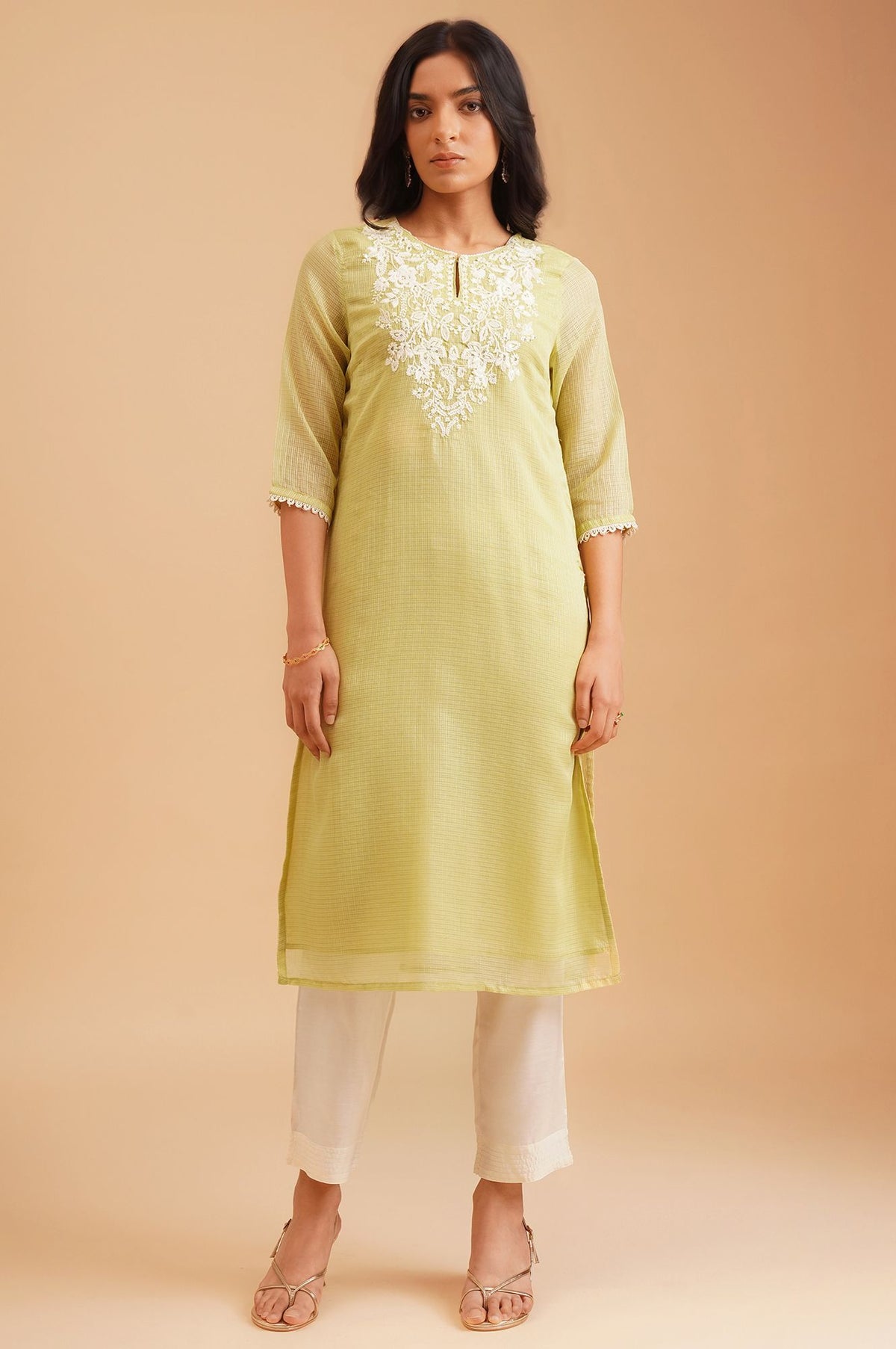 Lime Green Embroidered Kota Straight Kurta