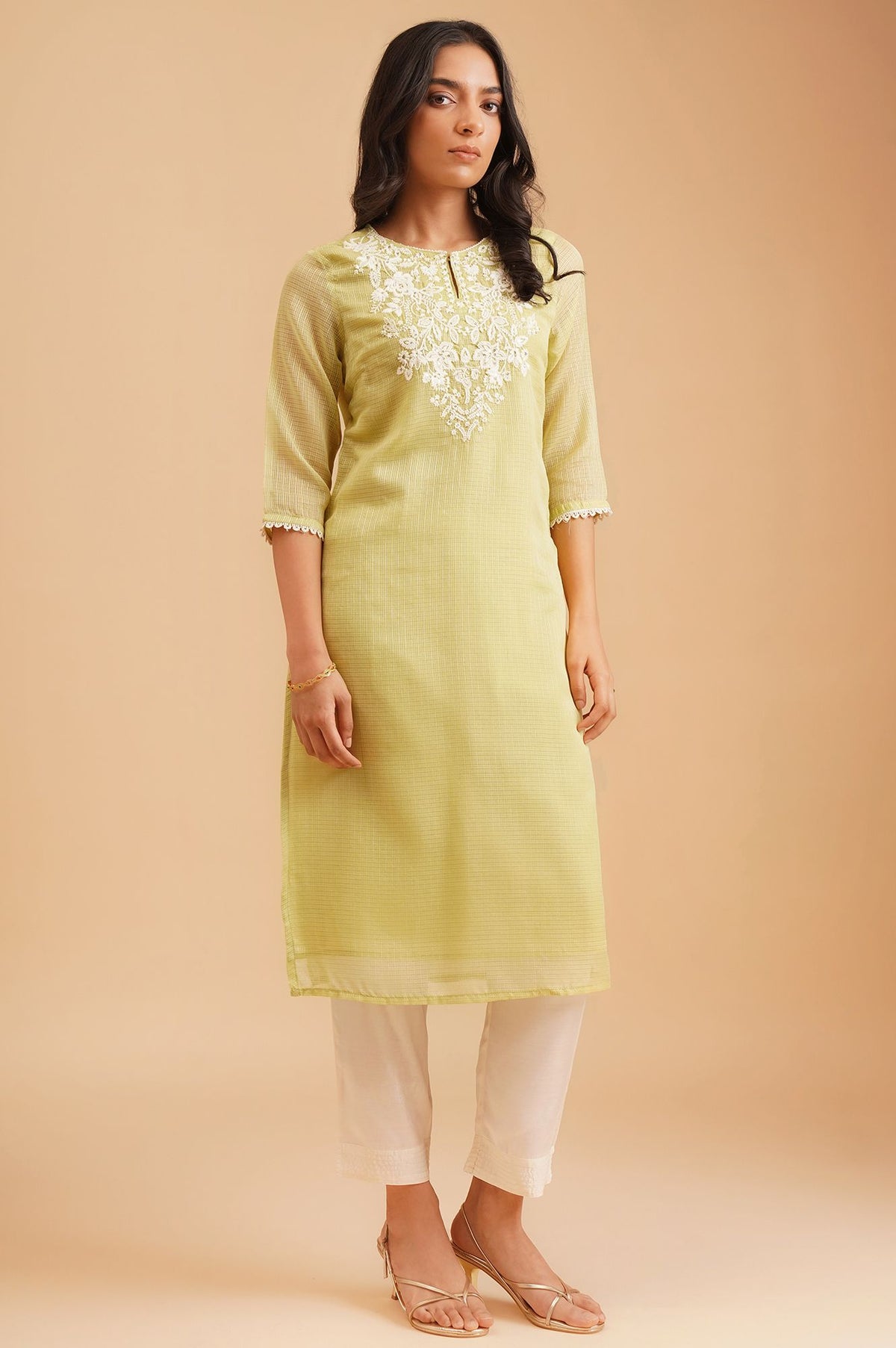 Lime Green Embroidered Kota Straight Kurta