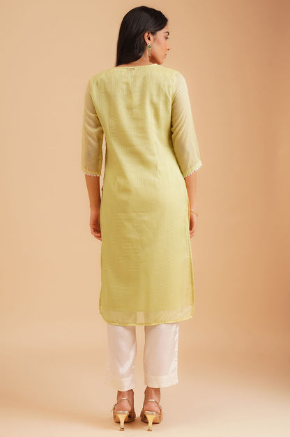 Lime Green Embroidered Kota Straight Kurta