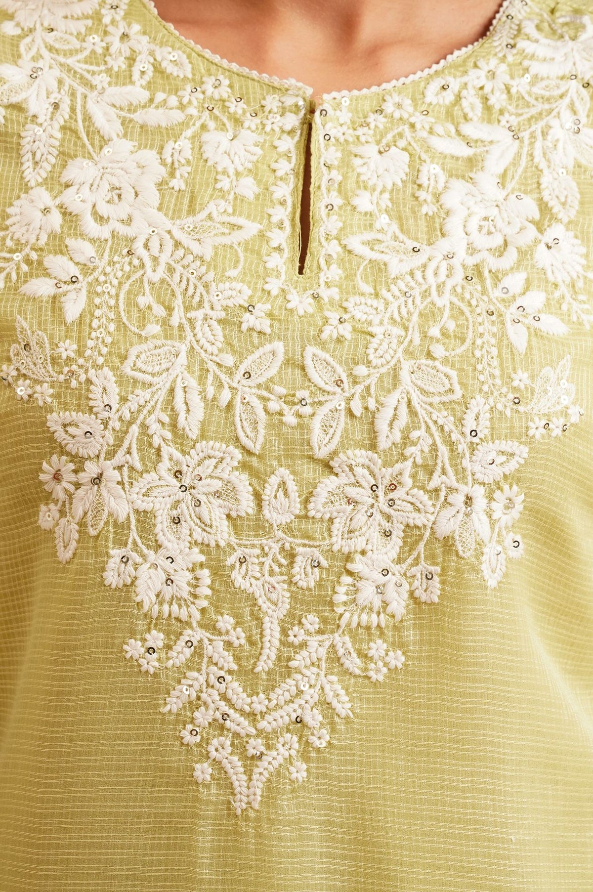 Lime Green Embroidered Kota Straight Kurta