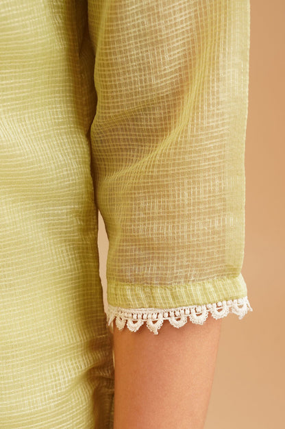 Lime Green Embroidered Kota Straight Kurta