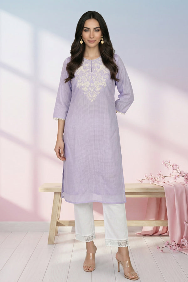 Lavender Thread Embroidered Kota Straight Kurta