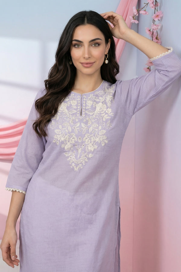 Lavender Thread Embroidered Kota Straight Kurta