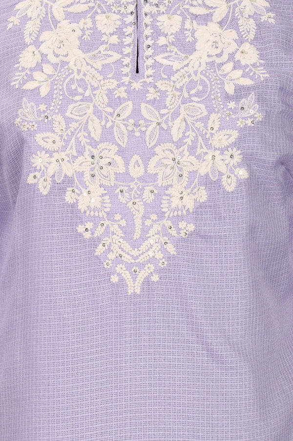 Lavender Thread Embroidered Kota Straight Kurta