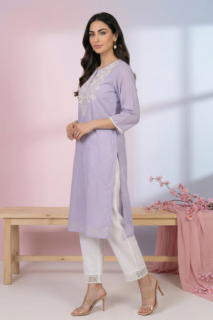 Lavender Thread Embroidered Kota Straight Kurta