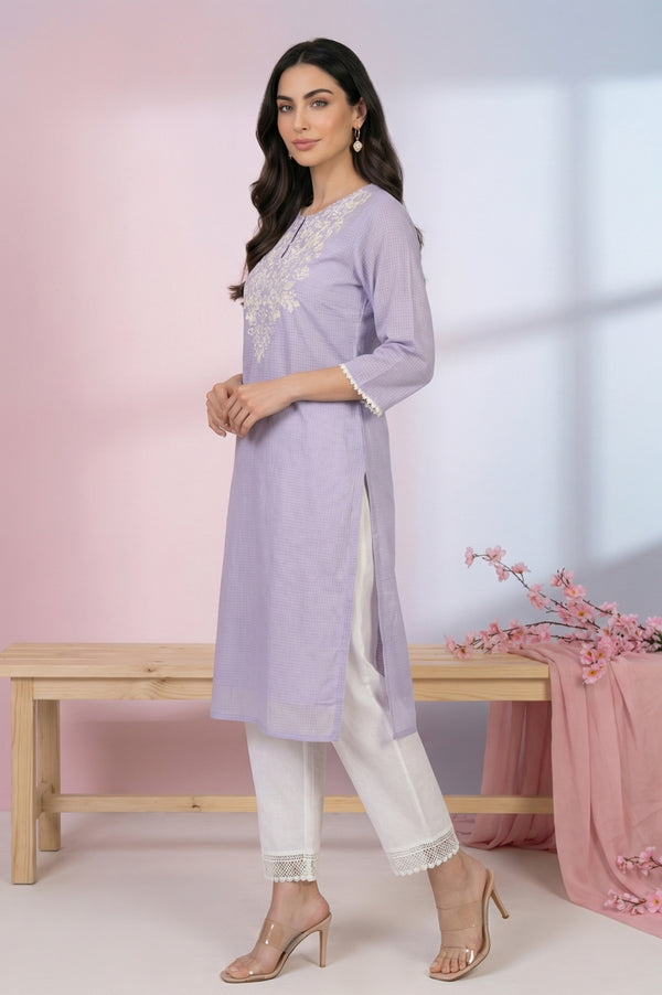 Lavender Thread Embroidered Kota Straight Kurta