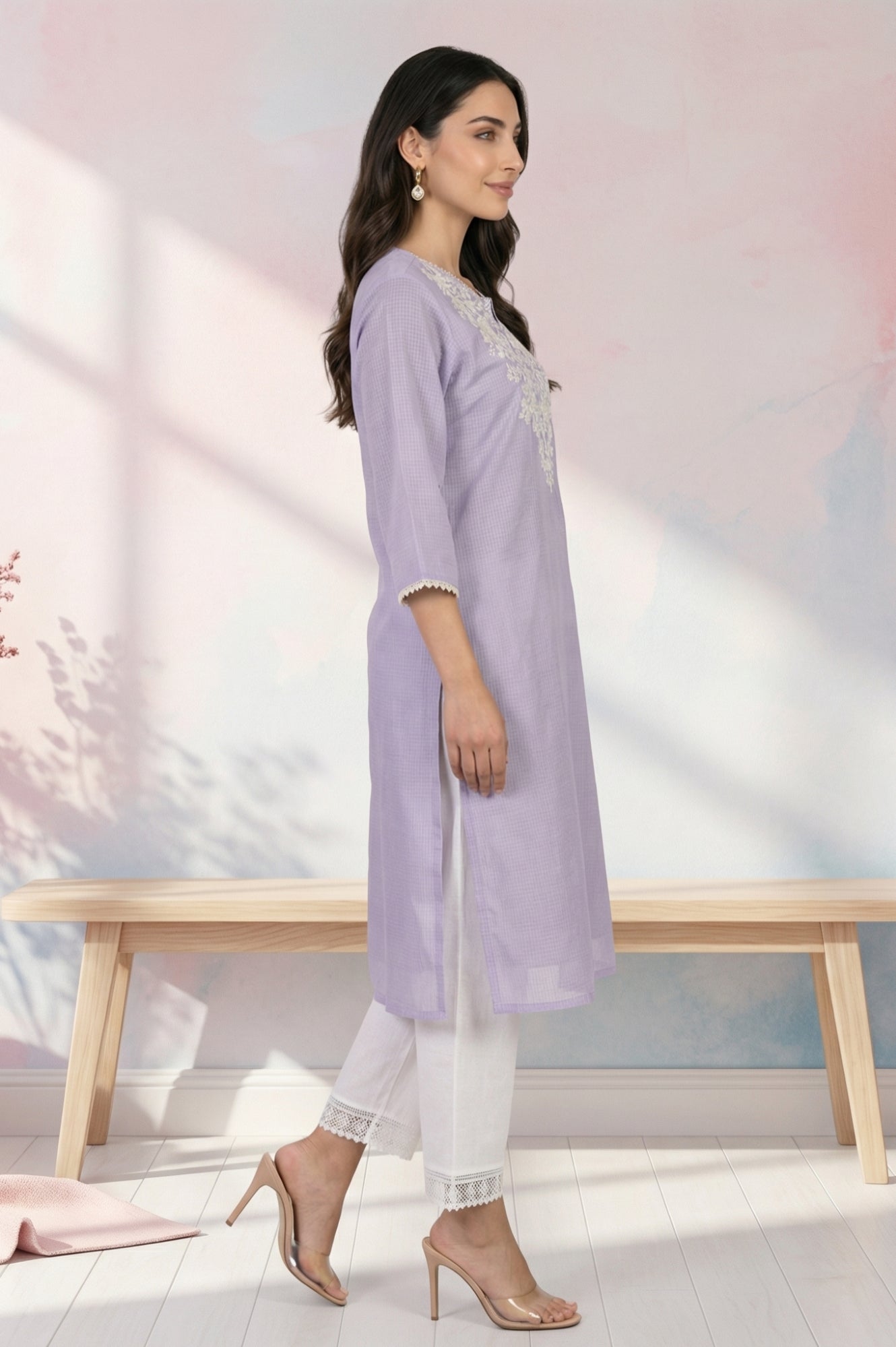 Lavender Thread Embroidered Kota Straight Kurta