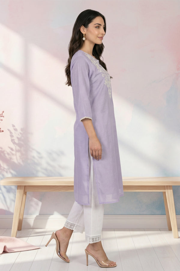 Lavender Thread Embroidered Kota Straight Kurta