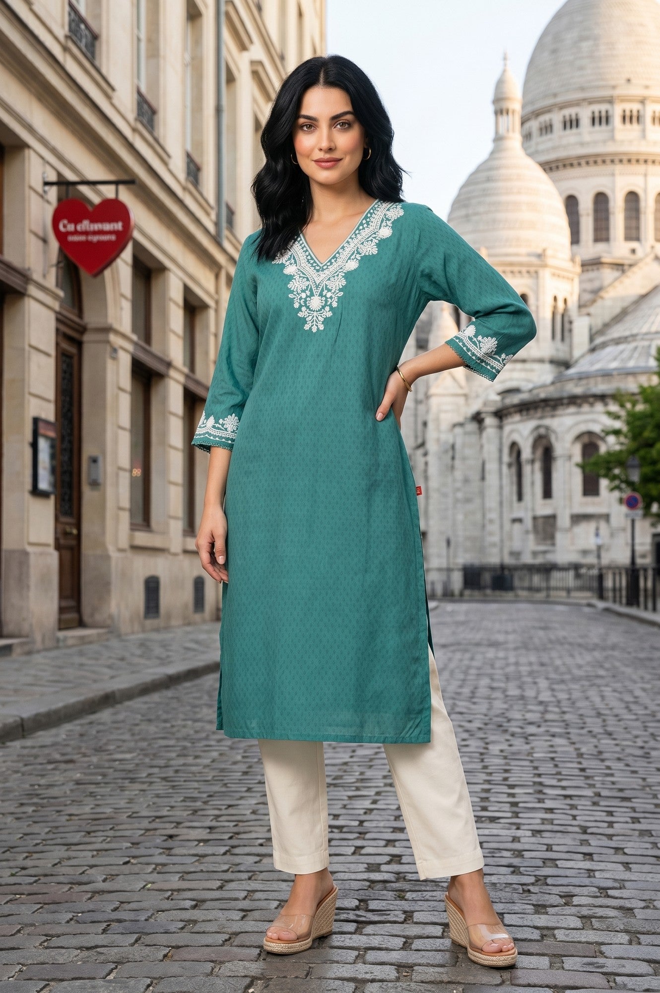 Green Embroidered Rayon Straight Kurta