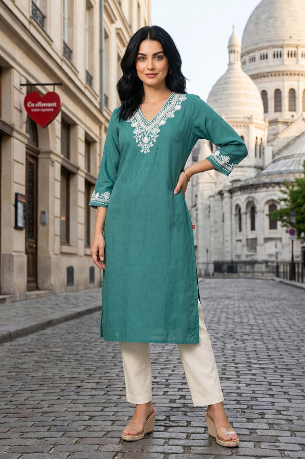 Green Embroidered Rayon Straight Kurta