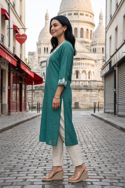 Green Embroidered Rayon Straight Kurta