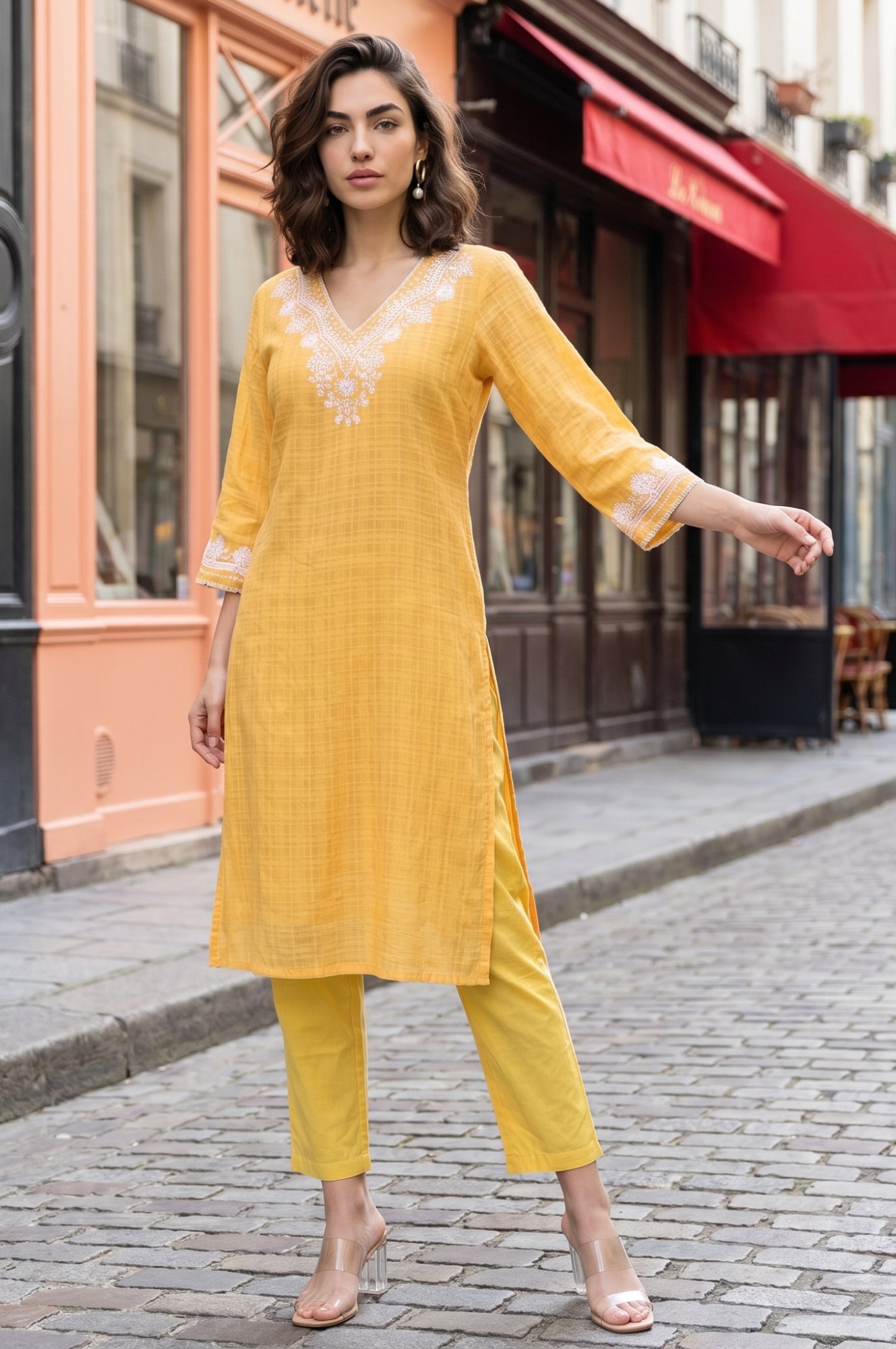 Yellow Embroidered Pure Cotton Straight Kurta