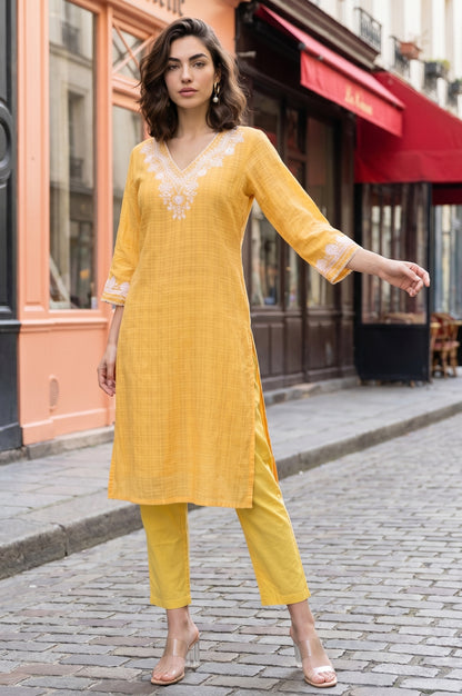 Yellow Embroidered Pure Cotton Straight Kurta