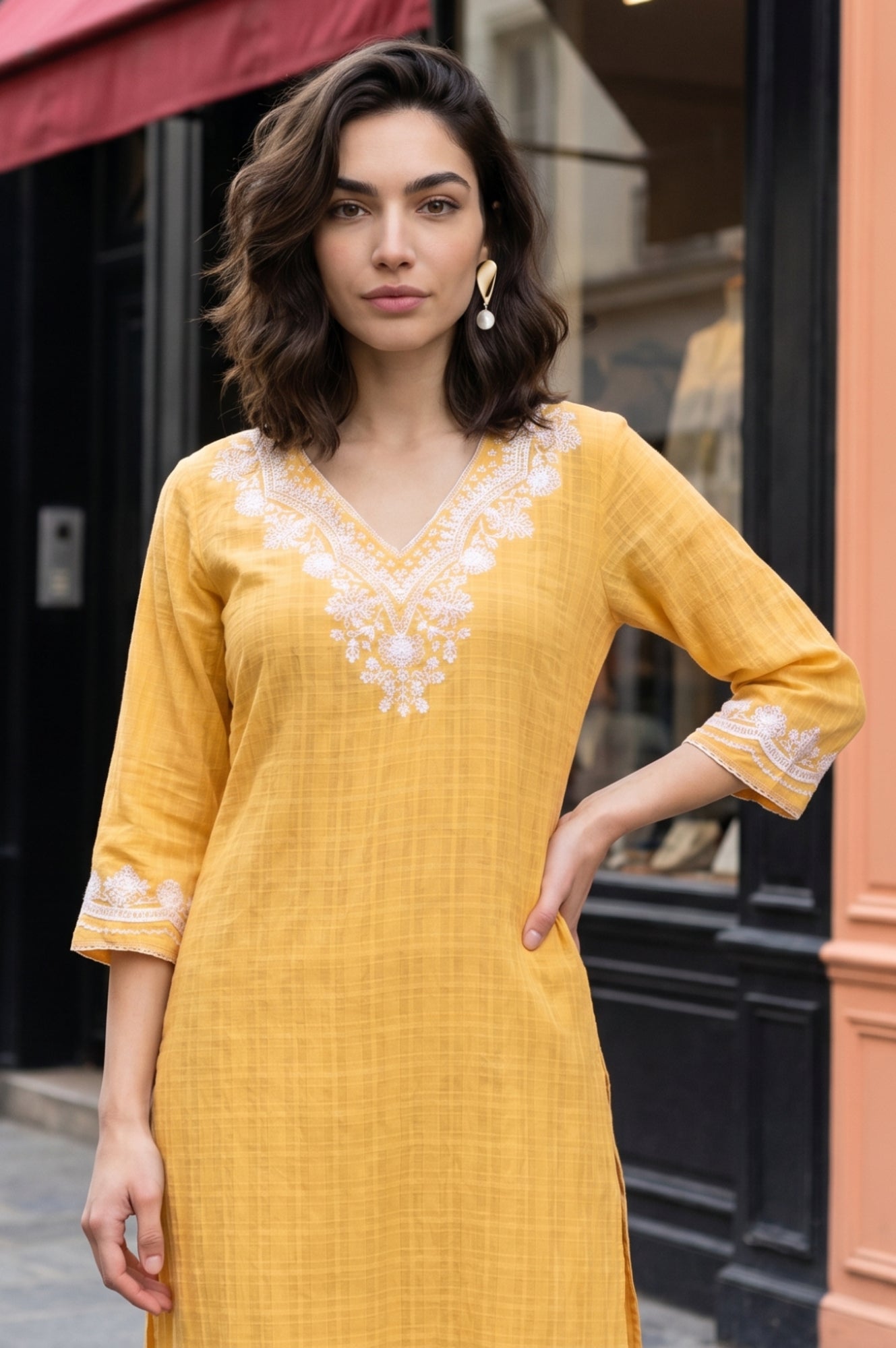 Yellow Embroidered Pure Cotton Straight Kurta
