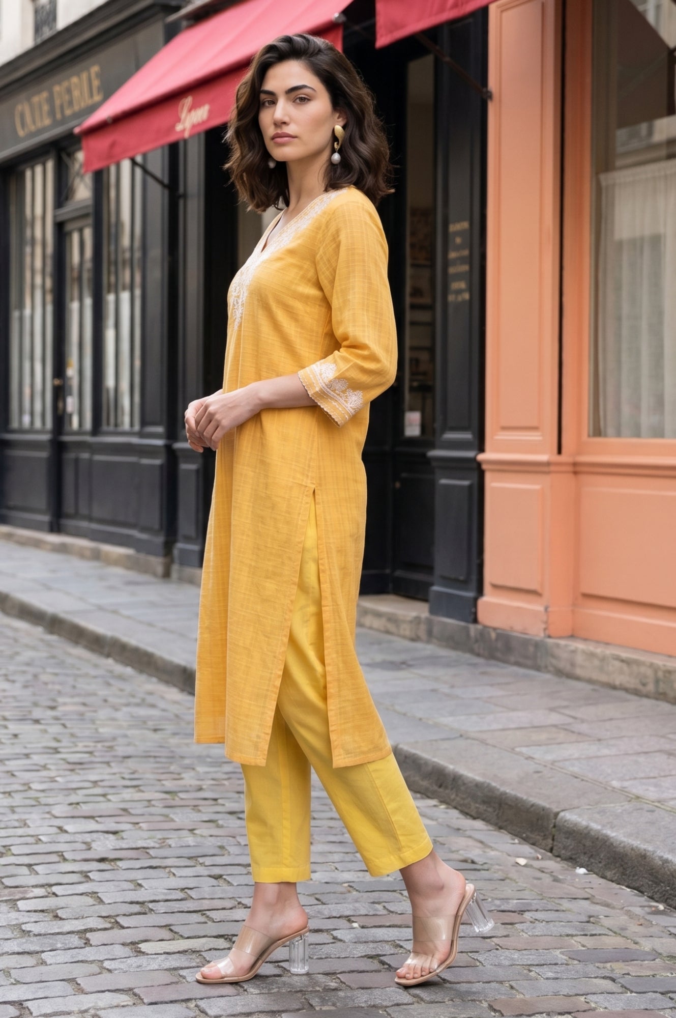 Yellow Embroidered Pure Cotton Straight Kurta